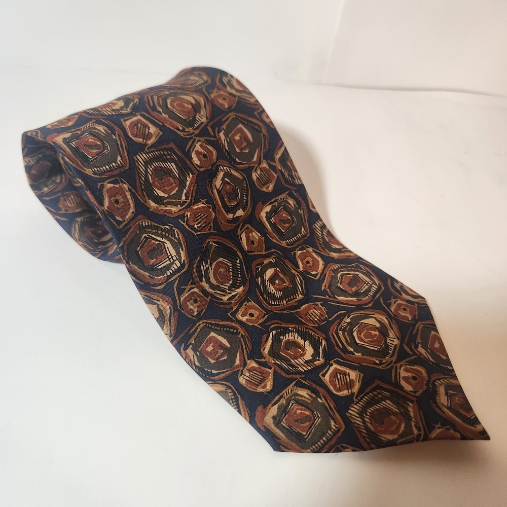 Vintage Italian Silk‎ Tie Mens Abstract Geometric Navy Brown Made in Canada 58in